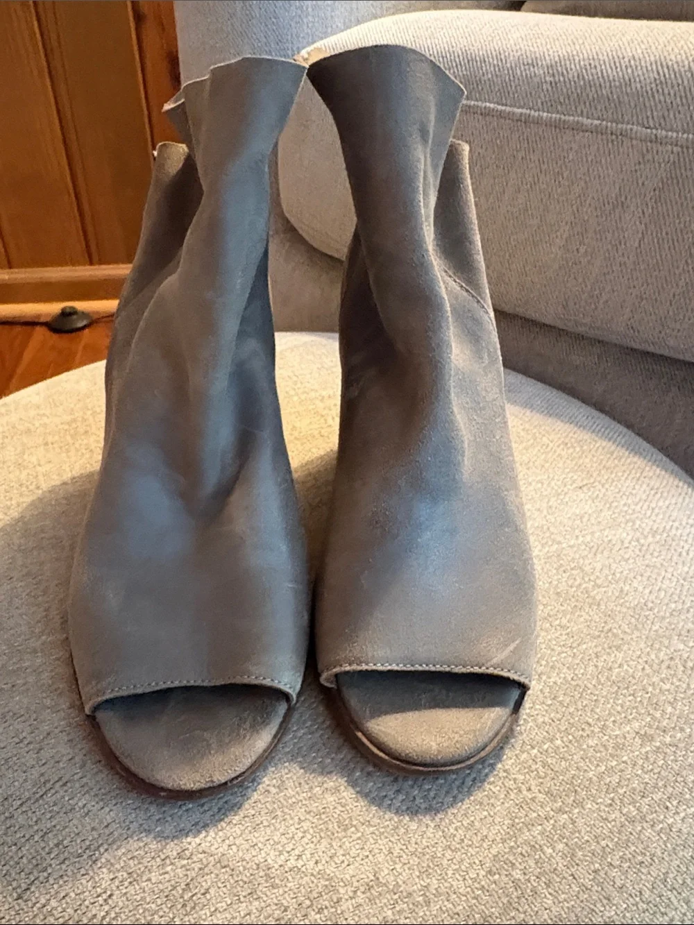 Lucky Brand Gray Open-Toe Wedge Booties, size 6, worn twice, soft leather